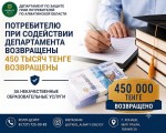 Благодаря содействию Департамента торговли и защиты прав потребителей по Алматинской области потребителю возвращено 450 тысяч тенге за некачественные образовательные услуги